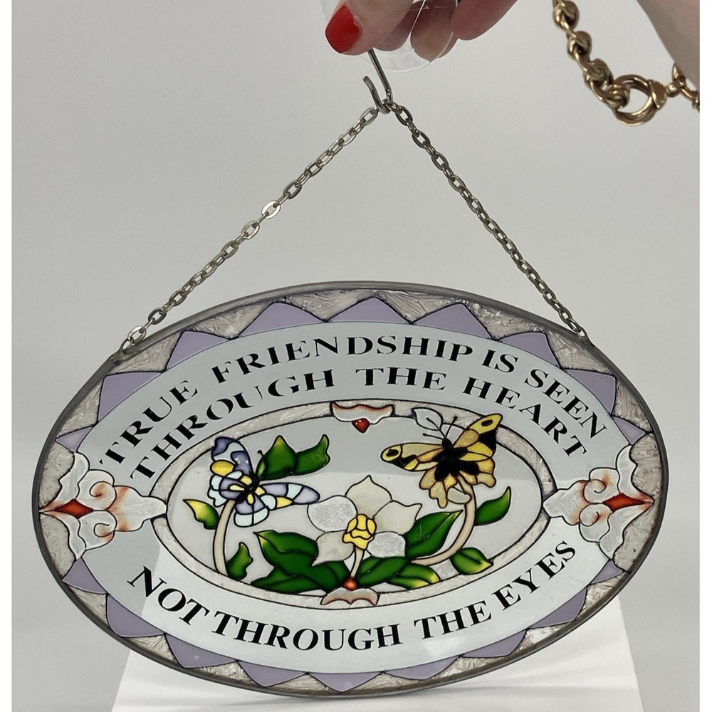 Vtg Butterfly Flower Stained Glass Friendship Plaque Sun Catcher Window Cottage